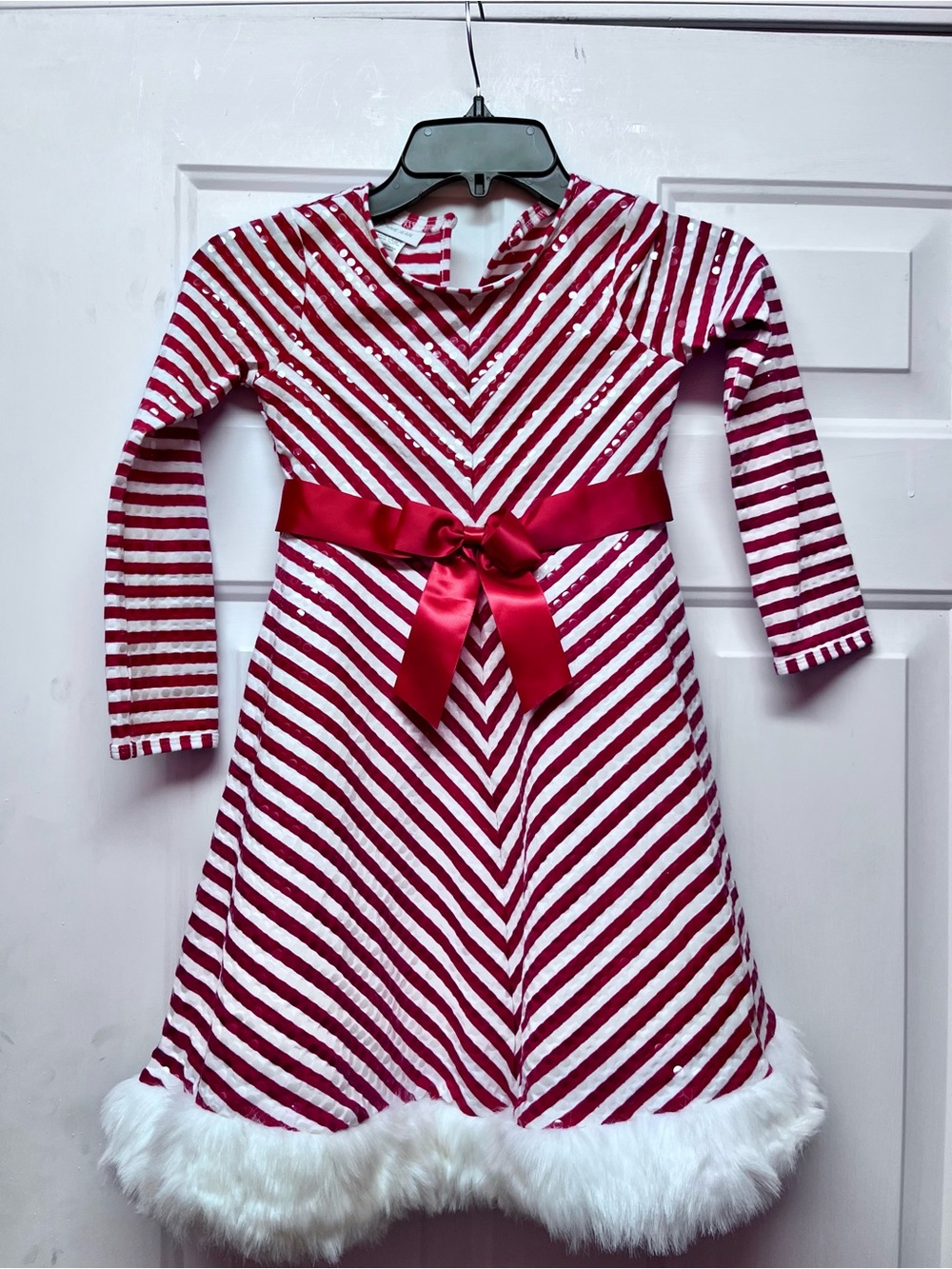 Bonnie Jean Red and White Striped Holiday Dress with Satin Bow